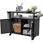 Xilingol Outdoor Bar Table, Wicker Bar Cart with Cabinet, Patio Serving Cart with Tempered Glass Top, Lockable Wheels, Rounded Handle &amp; Side Basket for Garden, Poolside &amp; Backyard, Black