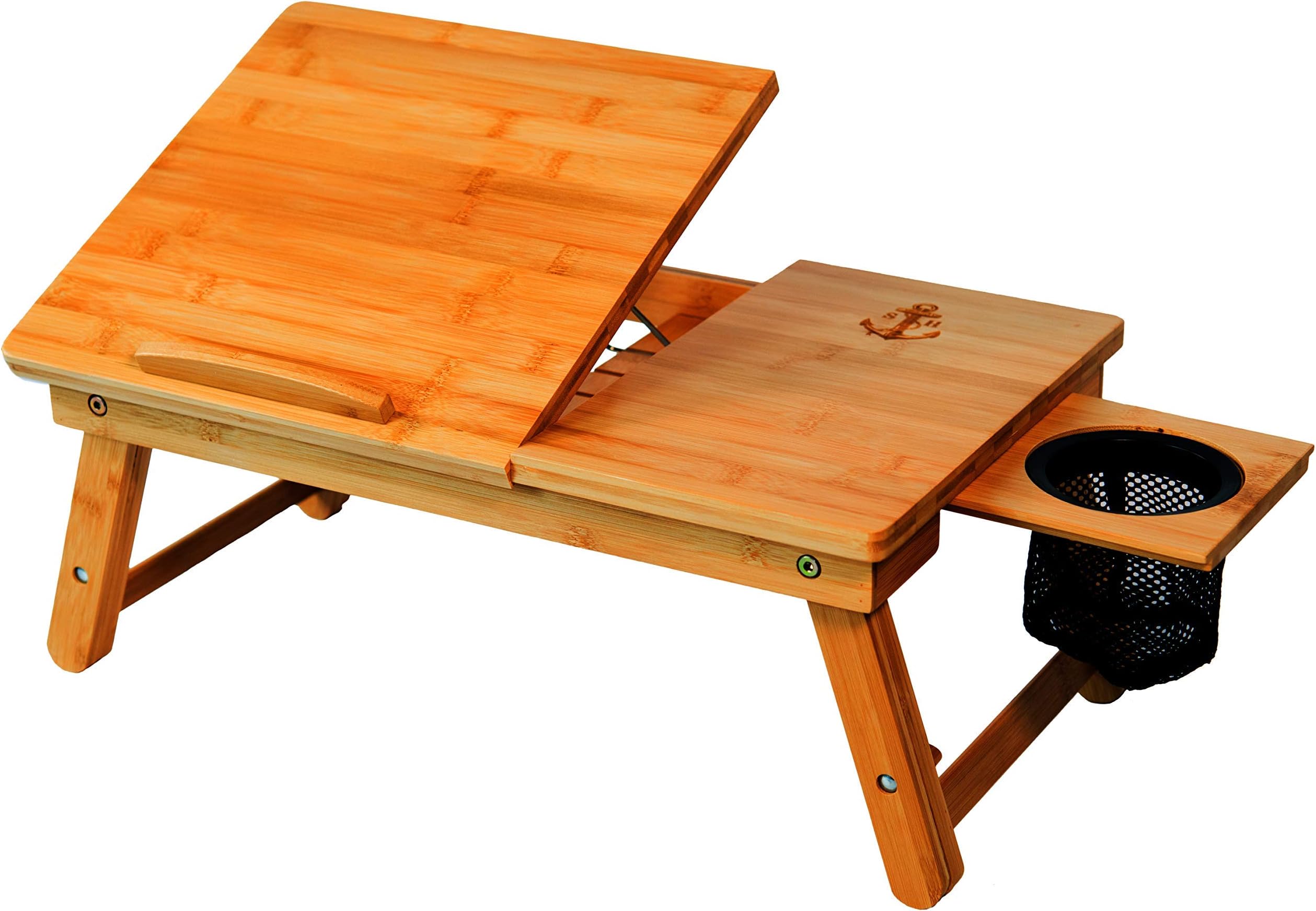Stock Harbor Laptop Lap Desk, Bed Tray of Sturdy Bamboo with Heavy Duty Drink Storage Net, Surface Holder, Adjustable, Foldable and Large for All Your LapDesk Multitasking
