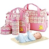 Moclever 5PCS Diaper Bag Tote Set for Baby Essentials – Large Baby Bags for Mom, Waterproof Maternity Bags with Bottle Bag, Food Bag & Changing Pad (Pink)