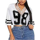 SOLY HUX Women's Number Graphic Tees Lace V Neck Half Sleeve Crop Tops Jersey Shirt Y2k Streetwear