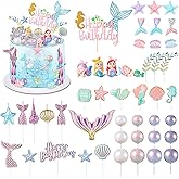 Tallew 42 Pcs Mermaid Cake Topper Under The Sea Cake Toppers Birthday Decorations Starfish Shell Mermaid Tail Seaweed Leaves Cupcake Candle for Birthday Baby Shower Party