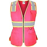 FATONE Women's ANSI Class 2 High-Vis Safety Vest with Reflective Strips, Zipper Pockets & Adjustable Waist - Pink/Yellow Construction Work Vest for Warehouse Personnel, Road Crews M