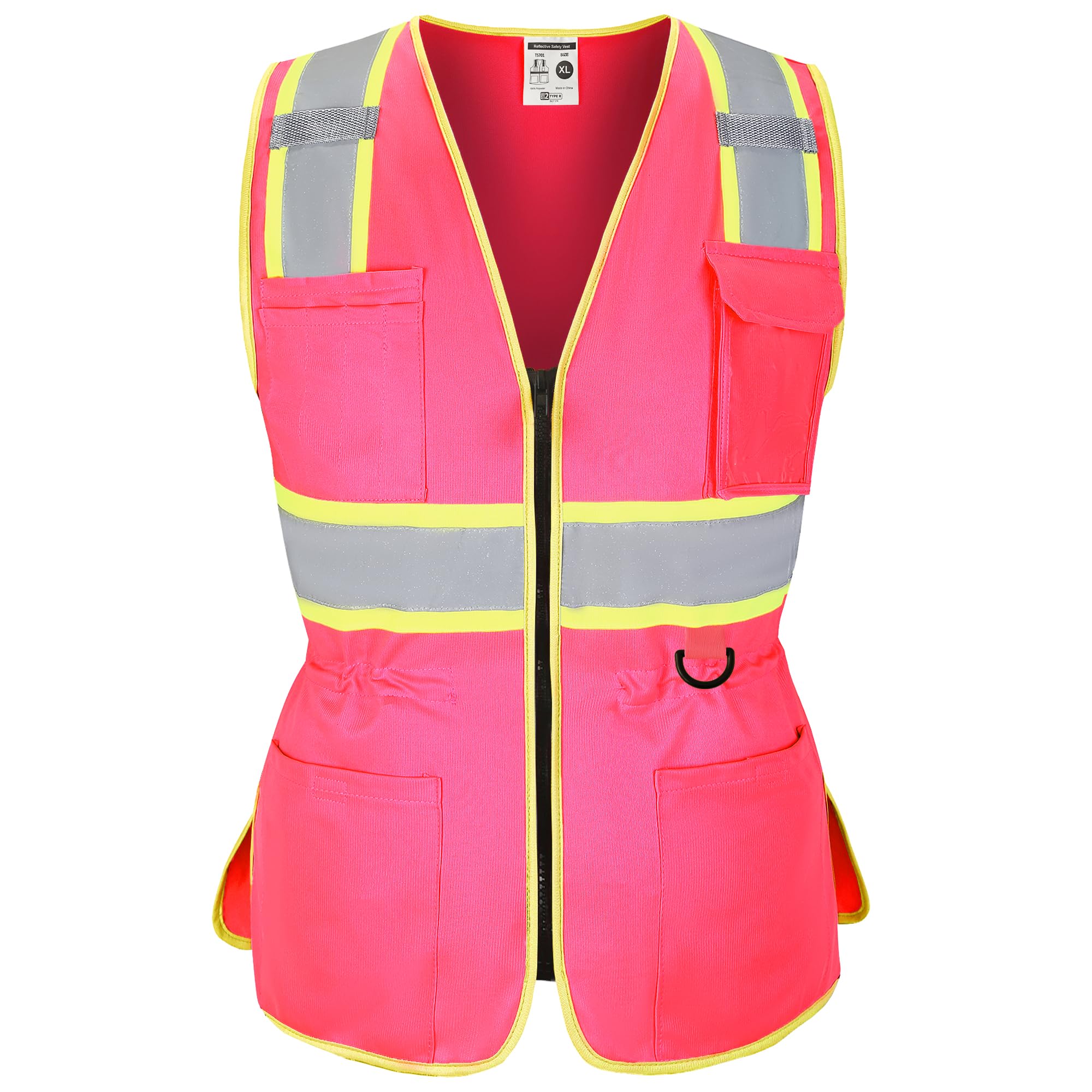 Photo 1 of FATONE Women's ANSI Class 2 High-Vis Safety Vest with Reflective Strips, Zipper Pockets & Adjustable Waist - Pink/Yellow Construction Work Vest for Warehouse Personnel, Road Crews M