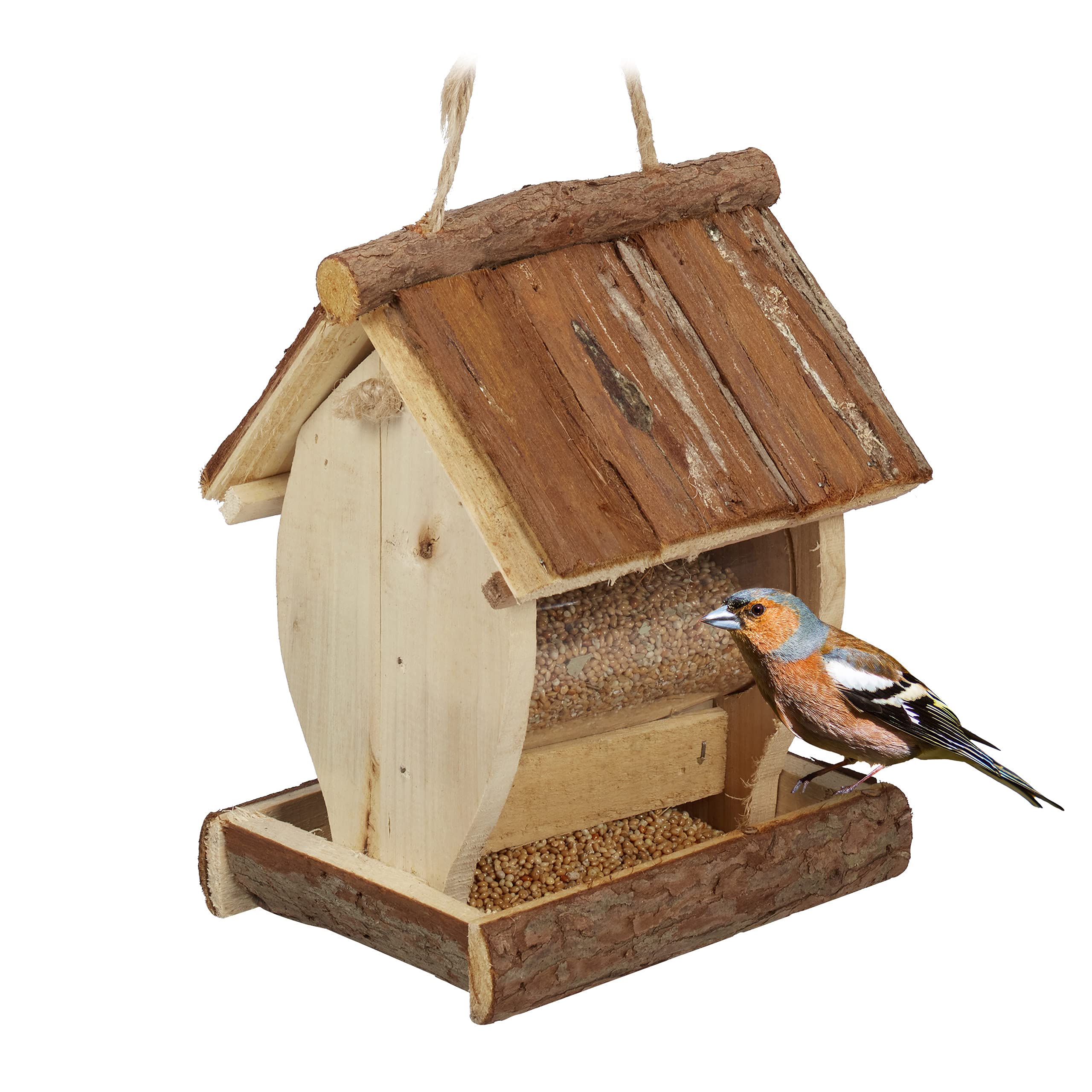 Relaxdays Wooden Birdhouse Feeder, Hanging, HxWxD 19.5 x 15 x 12.5 cm, Garden, for Small Birds, Natural