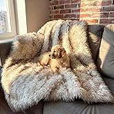 Waterproof Dog Blanket for Small, Medium & Large Dogs – Faux Fur Pet Throw for Couch, Sofa, Bed & Car – Soft, Washable, Stain-Resistant, Durable Cover – White w/Brown Tips – 60" x 50"