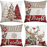 OTOSTAR Christmas Throw Pillow Covers 18x18 Inch Set of 4, Merry & Bright Reindeer Christmas Tree Red Pillow Cases Hello Winter Holiday Xmas Decorative Cushion Covers for Sofa Bed Couch