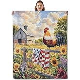 Kibue Rustic Rooster Blanket, Warm Cozy Flannel Throw with Sunflower and Botanical, Soft Lightweight Blankets for Travel, Sofa, Bedroom, Office, Farmhouse Home Decor Gifts for Adults Women 60"×50"