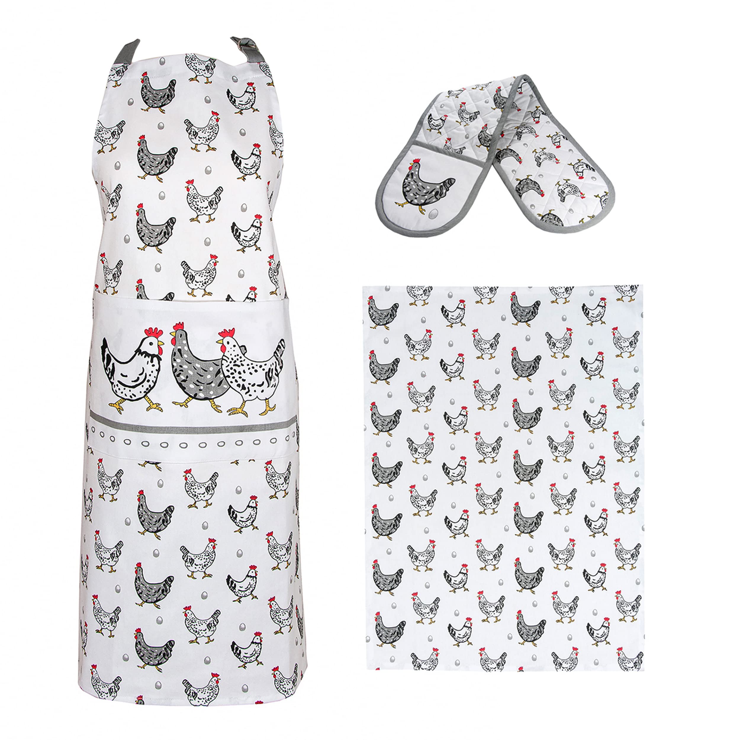 SPOTTED DOG GIFT COMPANY 3 Piece Kitchen Textiles Set - Chicken Apron, Double Oven Gloves & Tea Towel, 100% Cotton, Farm Animal Themed Kitchen Accessories for Cooking & Baking, Chicken Gifts