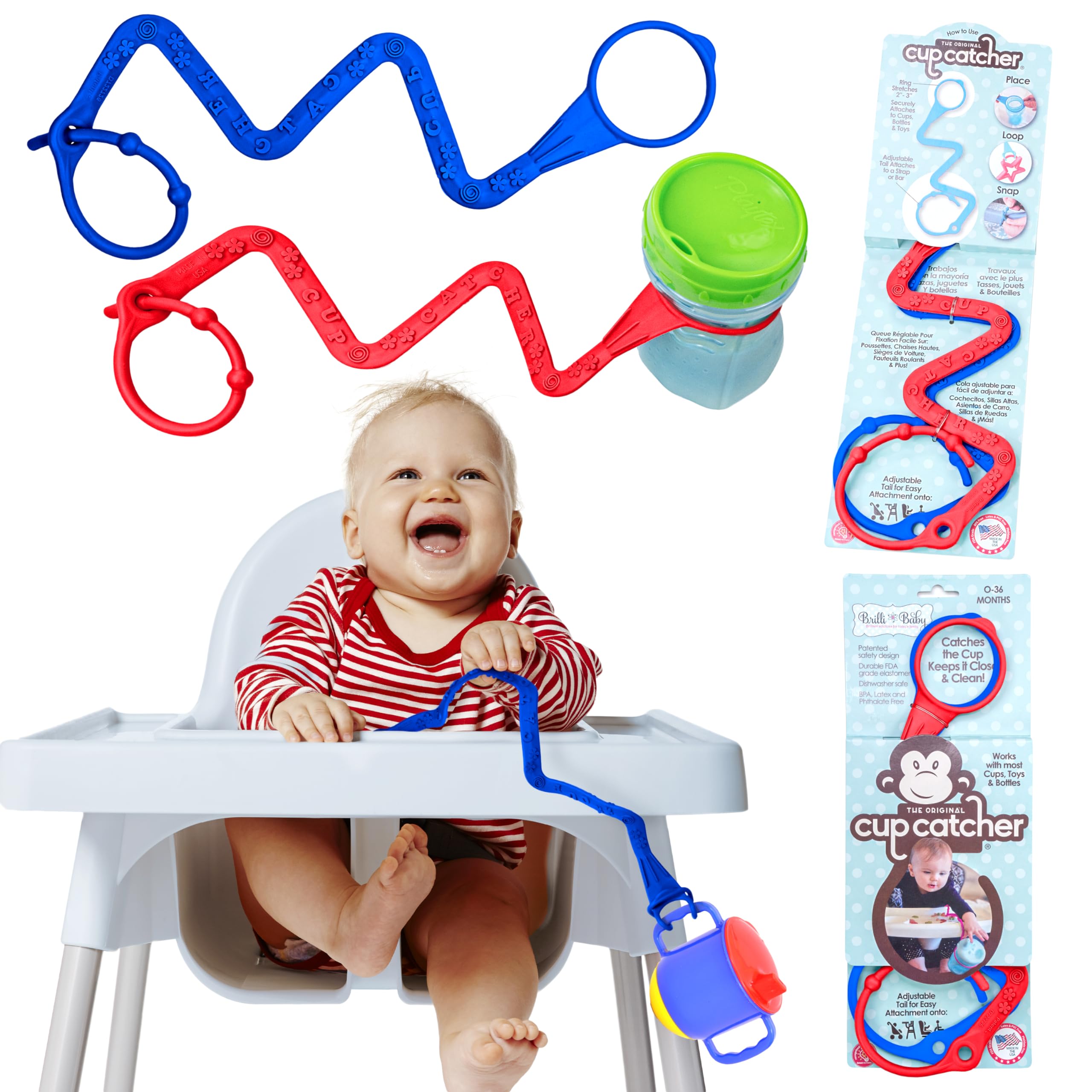 Brilli Baby Cup Catcher - Patented Safety Tether to attach Sippy Cups, Bottles, Toys & Pacifiers to Strollers, High Chairs & Car Seats, Made in USA, Food grade, Dishwasher Safe - 2 Pack (Navy & Red)