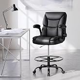 500LBS Drafting Chair, High Back Safer Standing Desk Chair, Executive Tall Office Chair with Flip-up Armrests, Upholstered PU Leather Task Chair, Ergonomic Seat with Adjustable Height&amp;Foot Ring, Black