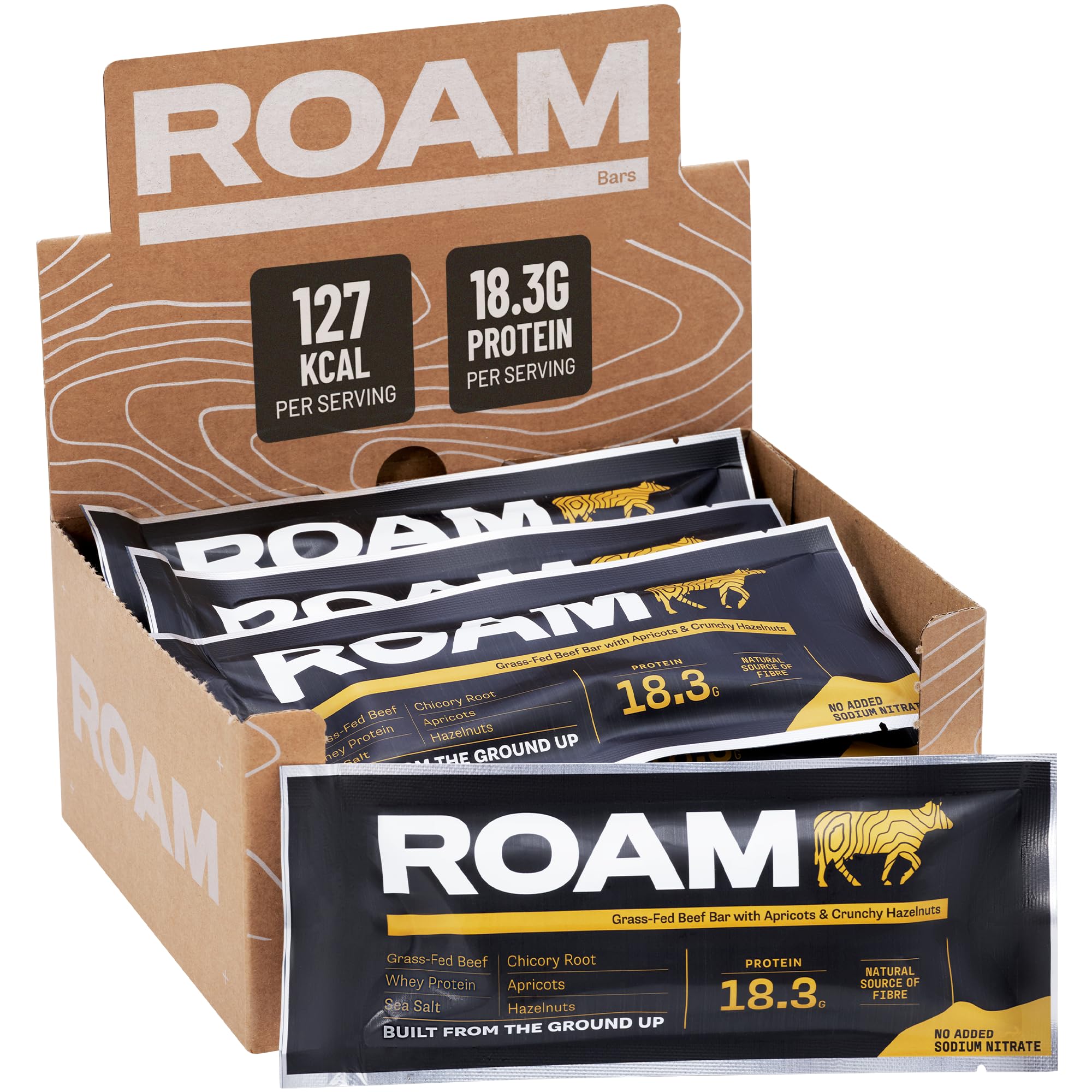 ROAM Natural Protein Bars, Meal Replacement Keto Bars, 6 x 45g Beef Bar & Healthy Snacks, Ideal For Carnivore Diet, Gluten Free Keto Sticks (Apricot & Hazelnut)