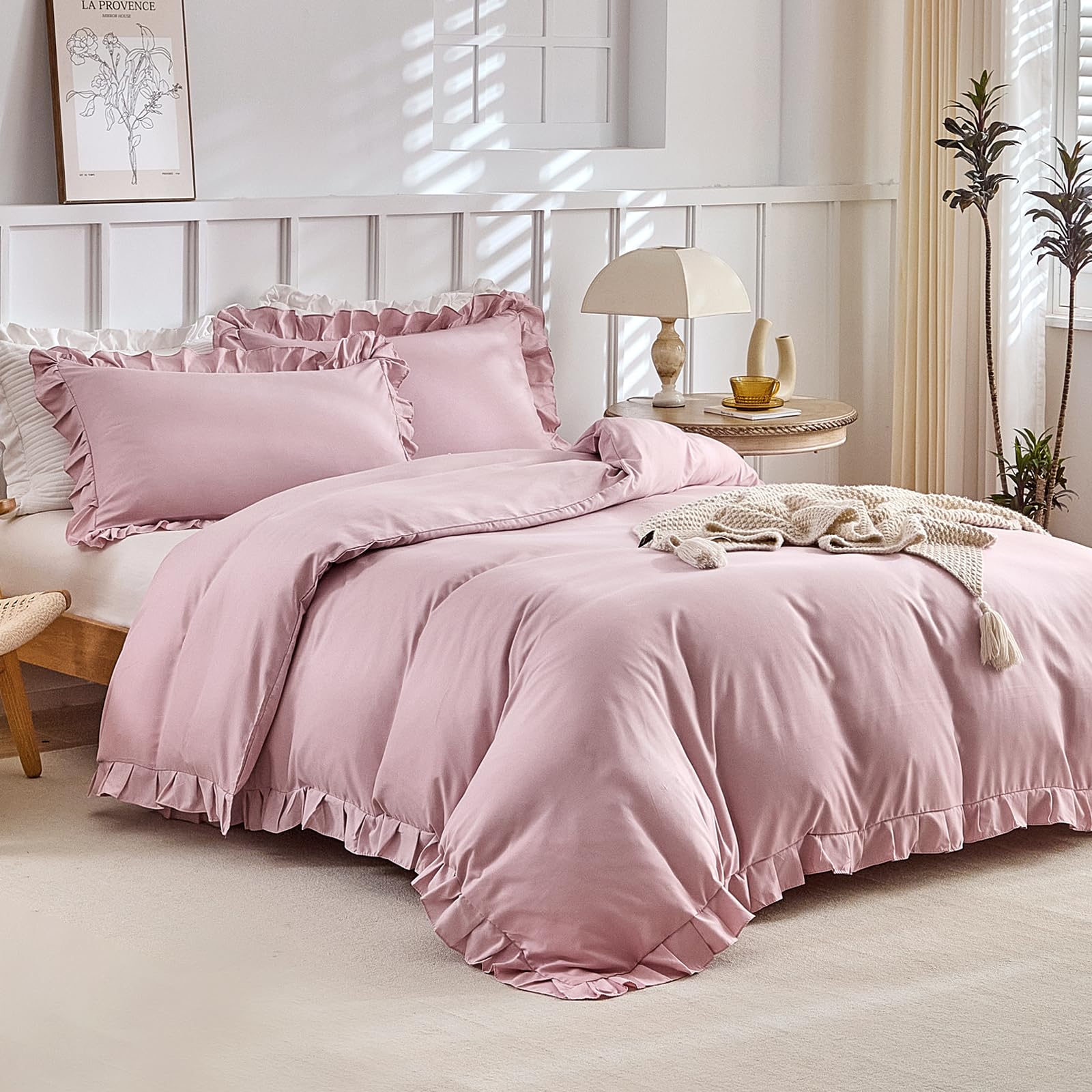 Tokokimo Pink King Size Duvet Cover Sets - Ruffle Bedding Sets Soft Microfiber Luxury King Size Duvet Cover Set with 2 Pillowcases,