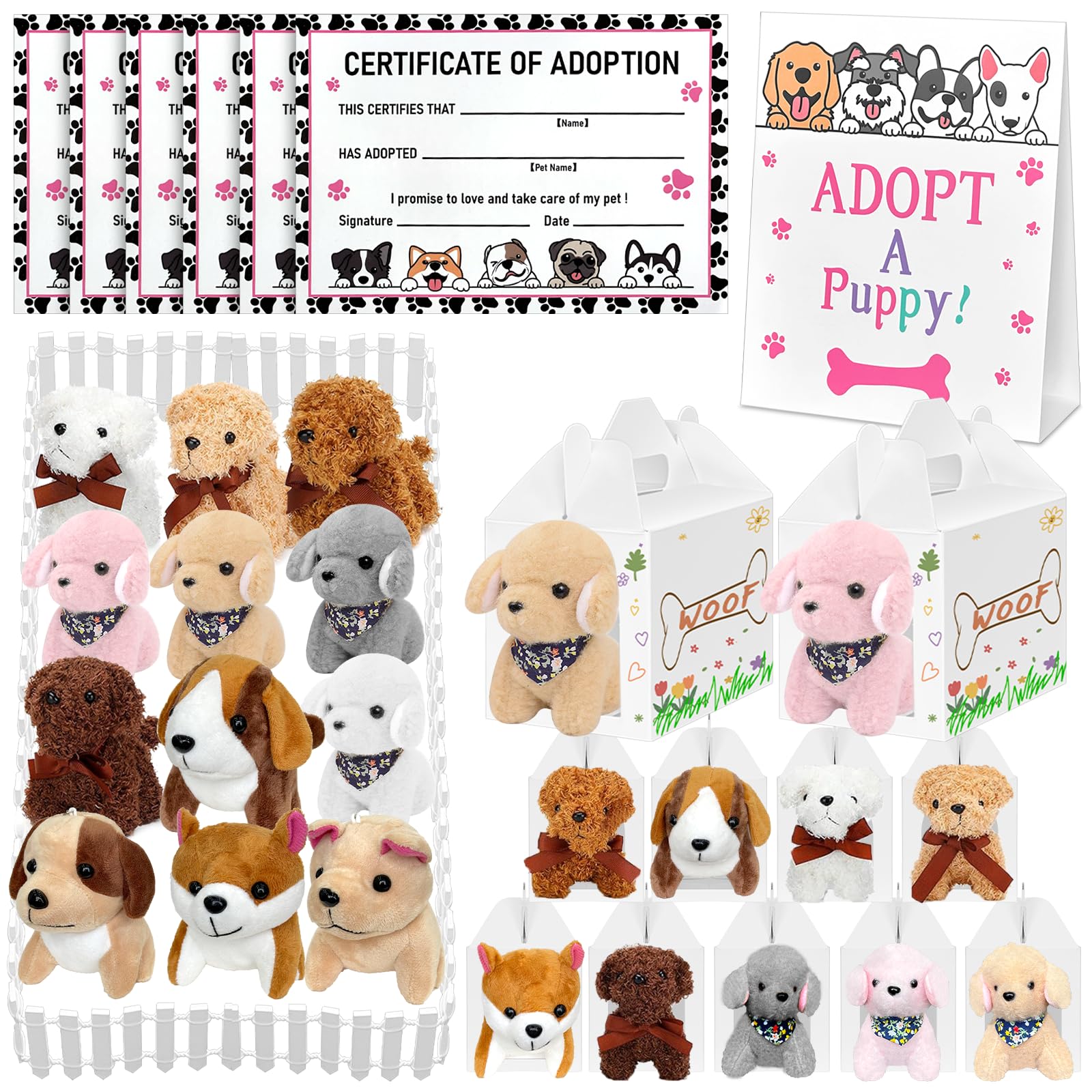 Photo 1 of Jiytivity 38 Pcs Adopt A Puppy Favors Include 12 Foldable Puppy Boxes 12 4.72 inch Mini Dog Stuffed 12 Adopt Cards 1 Adopt Sign1 Fence for Adopt A Dog Party Favors Dog Party Supplies Gifts