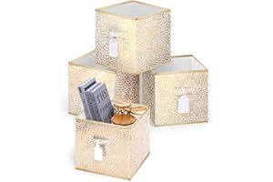 DAMAHOME Collapsible Storage Cube Bins, Foldable 11 Inch Cube Storage Bins with Dual Handles and Tags, 4-Pack Fabric Storage Cubes for Shelves, Closet, Nursery, Toys, Gold Leopard