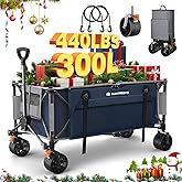 Raynesys Beach Wagon Cart with Big Wheels for Sand, 440lbs 300L Upgraded Folding Wagon Foldable Cart, Heavy Duty Collapsible