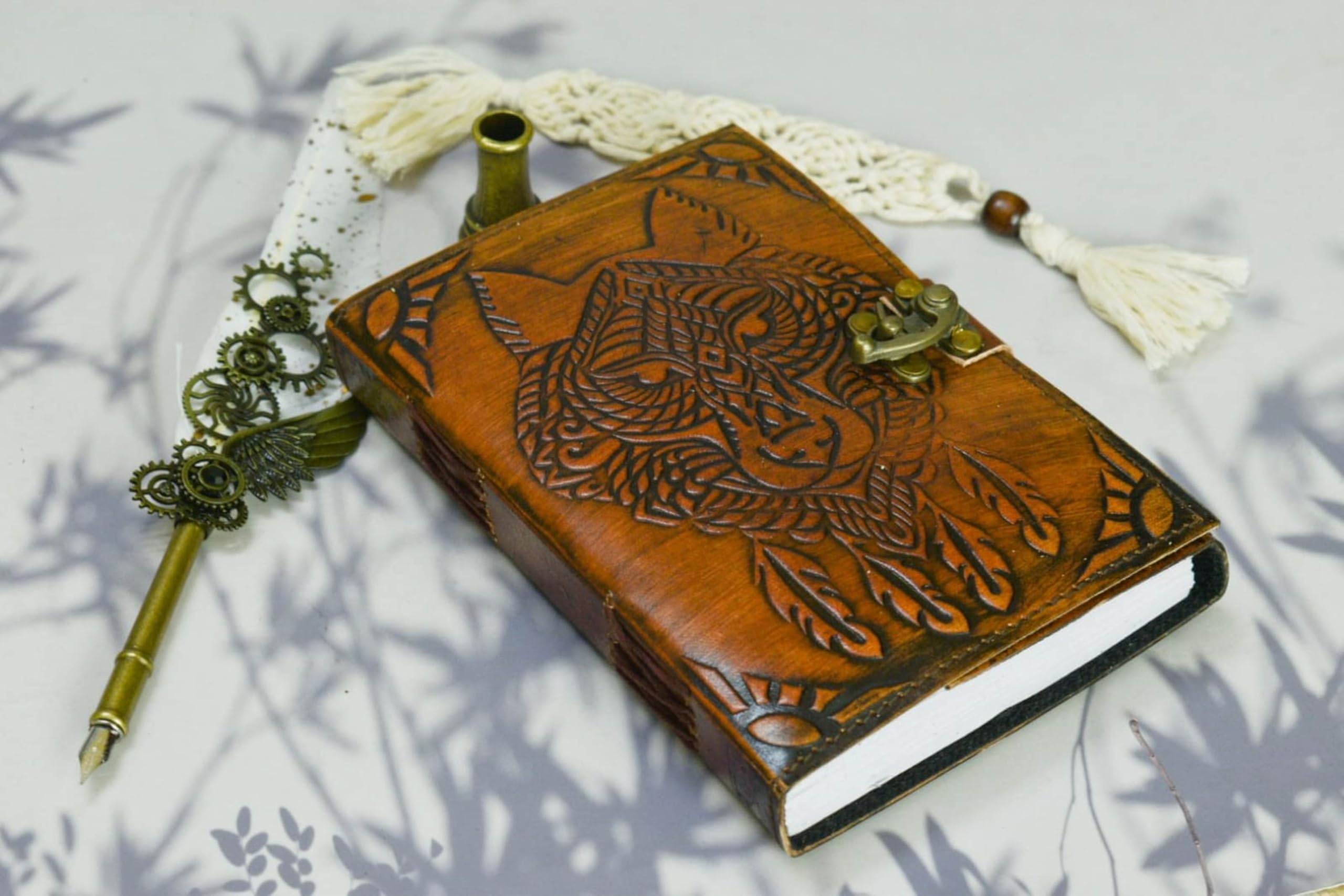 India House-Handmade Leather Journal Embossed Perfect for Calligraphy, Poetry, Guest Book or Instagram | With Macrame Bookmark