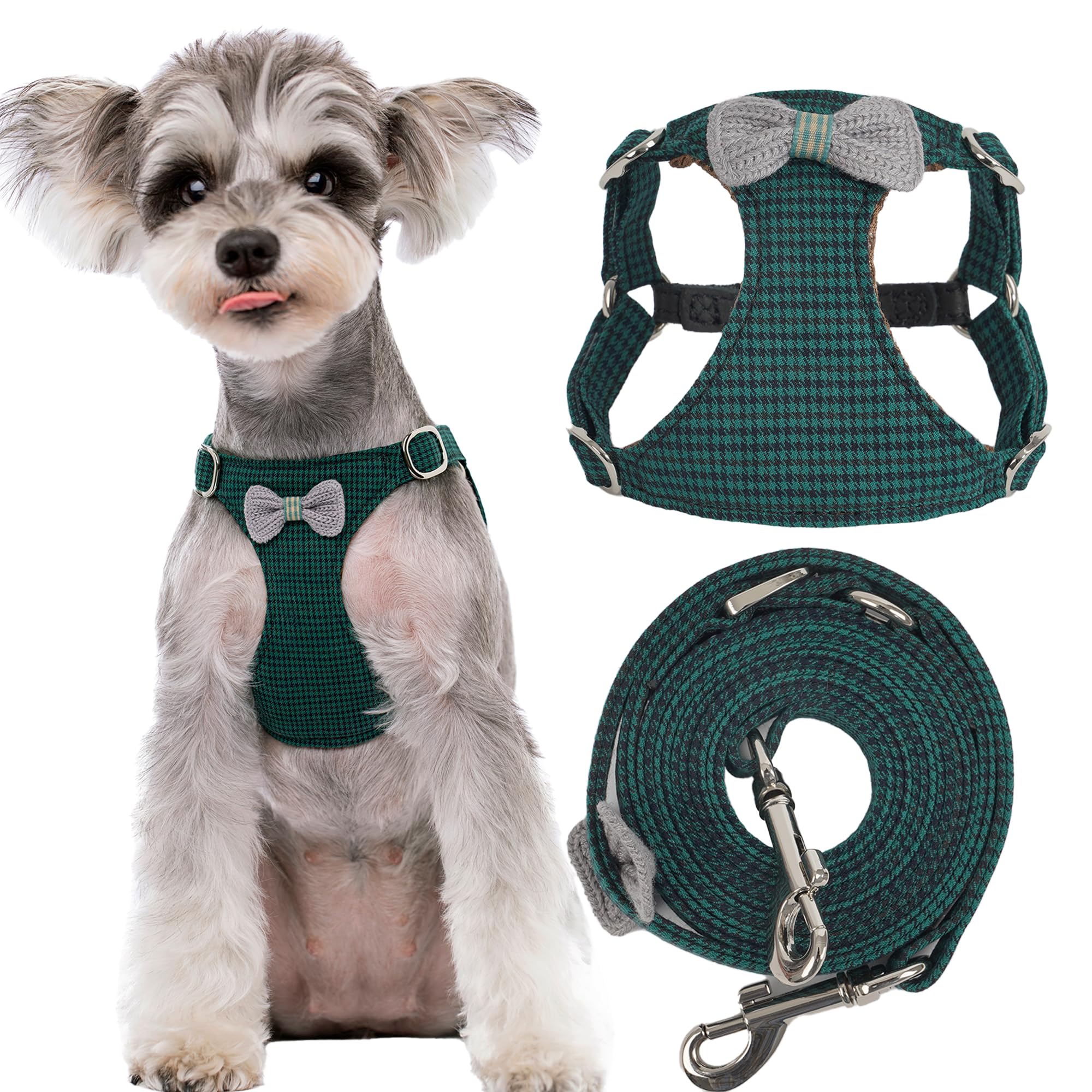 No Pull xs Dog Harness with Multifunction Dog Leash,Soft Adjustable No Choke Escape Proof Pet Harness Vest,Knitted Green,XXS