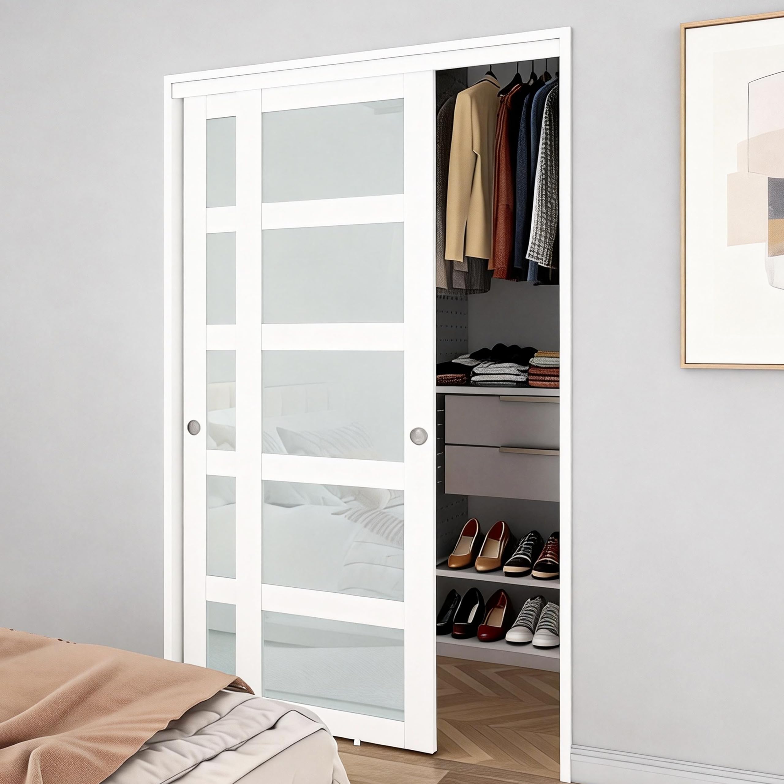 Photo 1 of BARNSMITH 60x80" Sliding Closet Door, 5-Panels Preassembled Frosted Glass Door Panel with Hardware Kits & Matching Fascia, MDF Covered with Water-Proof & Anti-Scratch PVC Surface, White