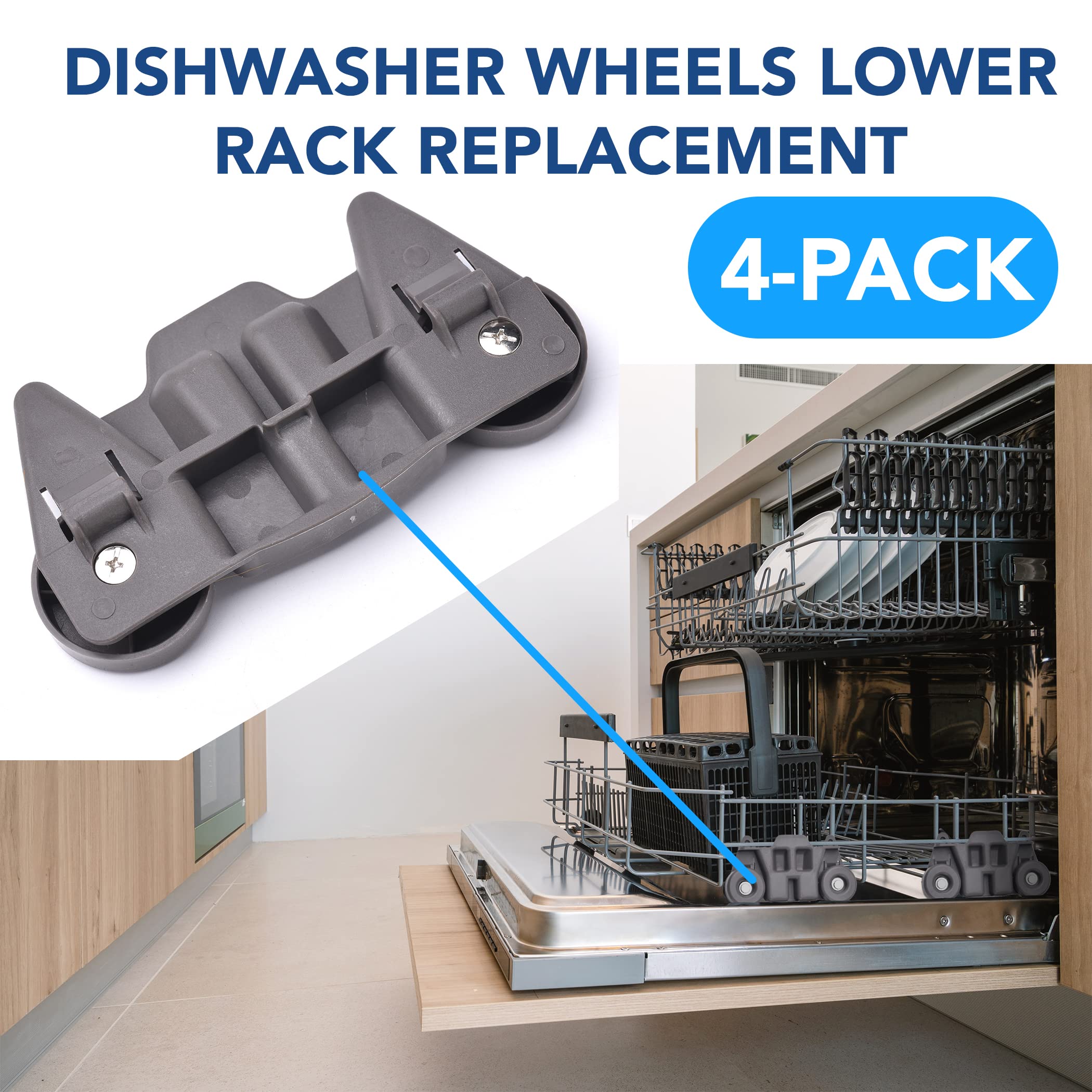 (4-pack) W10195416 NEW UPGRADED Replacement Part for Lower Dishwasher Wheel – Compatible with GE/Whirlpool/Kenmore - AP5983730, W10195416V, W10105417, PS11722152, W10195416VP