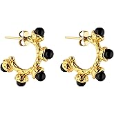 Onyx Hoop Earrings, 18k Gold Plated Stainless Steel Huggies, Black Natural Stone Drop Earrings, Hypoallergenic, Non-Tarnish, Vintage Boho Style Jewelry for Women