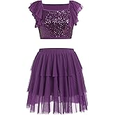 AFAVOM Women's Lyrical Dance Costume Sequin Lyrical Dress Crop Top + Skirt Lyrical Outfit Modern Contemporary Dance Costume