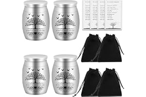 AIOMOB 4 Set Small Urns for Ashes Cremation Urns 1.57 Inch Silver Ashes Keepsake Funeral Urn with Memorial Cards and Velvet Bag for Human Pet Ashes (Tree of Life)