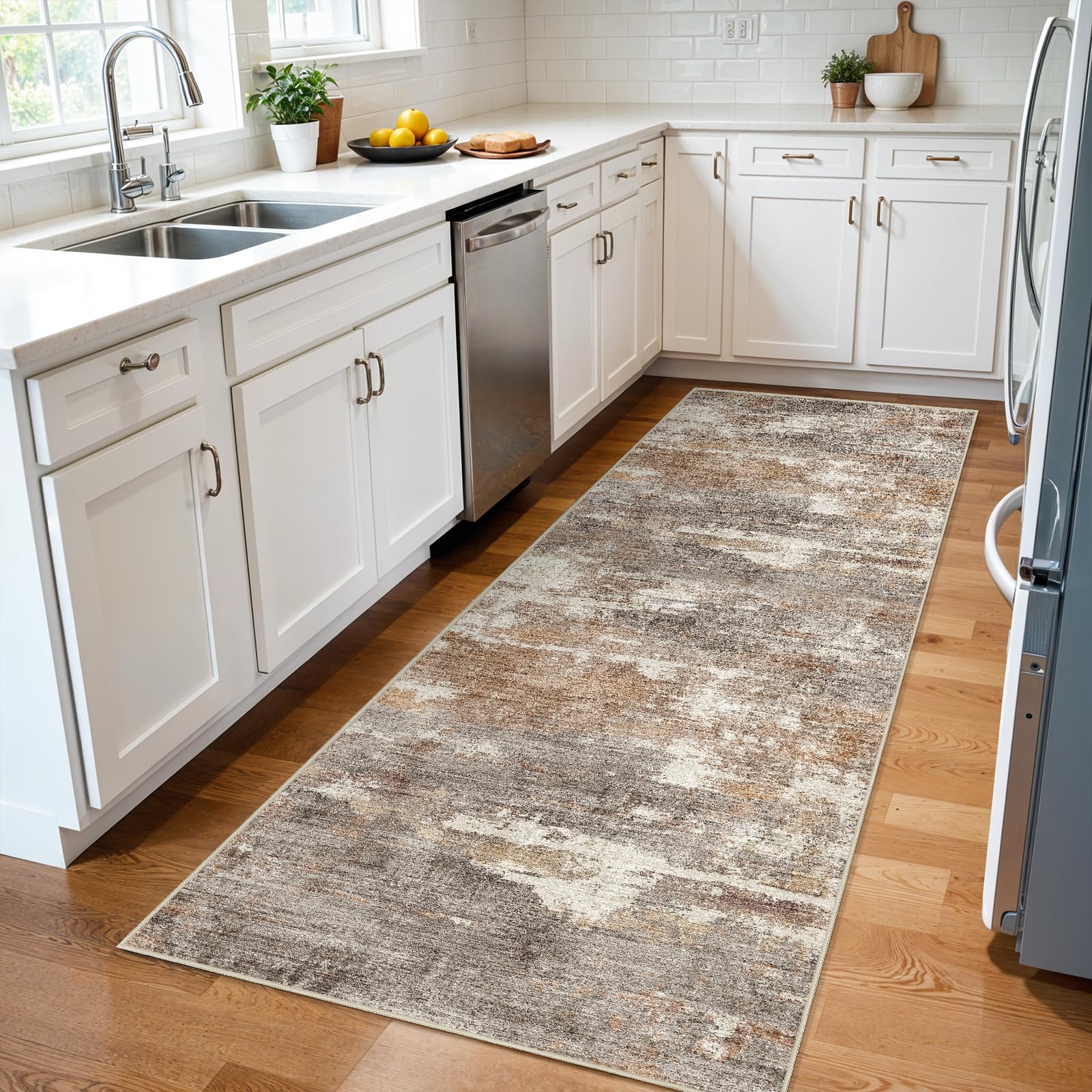 Photo 1 of 3x7 Washable Kitchen Runner Rug: Modern Abstract Runners for Hallway Soft Non Slip Rugs with Rubber Backing Low Pile Thin Floor Carpet for Entryway Bedroom Bathroom Bedside Indoor(Brown/Brick,3x7)