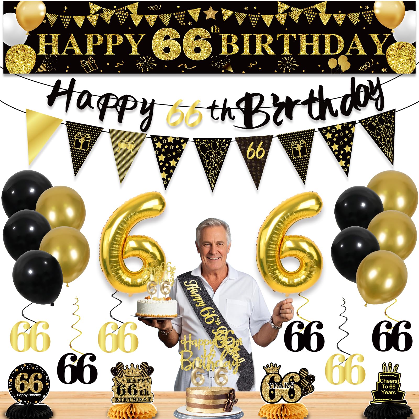 Photo 1 of 27pcs 66th Birthday Decorations for Men,Black Gold 66th Party Decorations,Happy 66th Birthday Banner Honeycomb Hanging Swirls Cake Topper and Balloons Kit Party Supplies