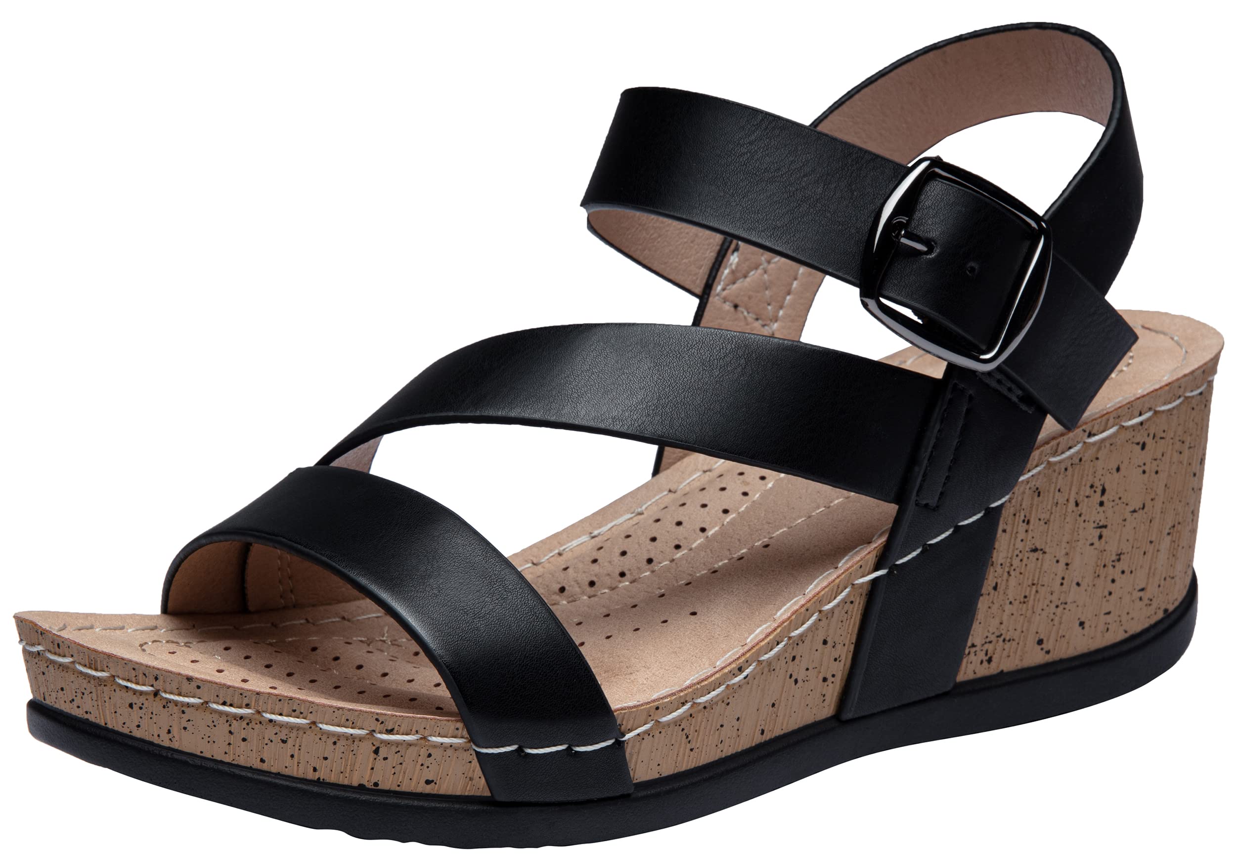 Photo 1 of Jeossy Women's Black Platform Wedge Sandals 835 Comfortable Open Toe Ankle Strap Summer Walking Sandals with Buckle Size 7.5 (DJY835 Black 07.5)