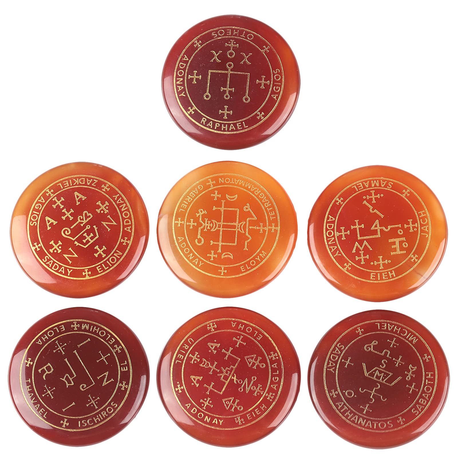 mookaitedecor 7pcs Carnelian Crystals Healing Crystal Grid Set with Engraved Magic Archangel Sigils Symbols for Meditation Pocket Worry Palm Stones Spiritual Crystal Set Witchcraft Witch Gifts Decor