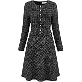 Hobemty Women's Tweed Dress Long Sleeve Crew Neck Vintage Work Office Flare A-Line Dresses