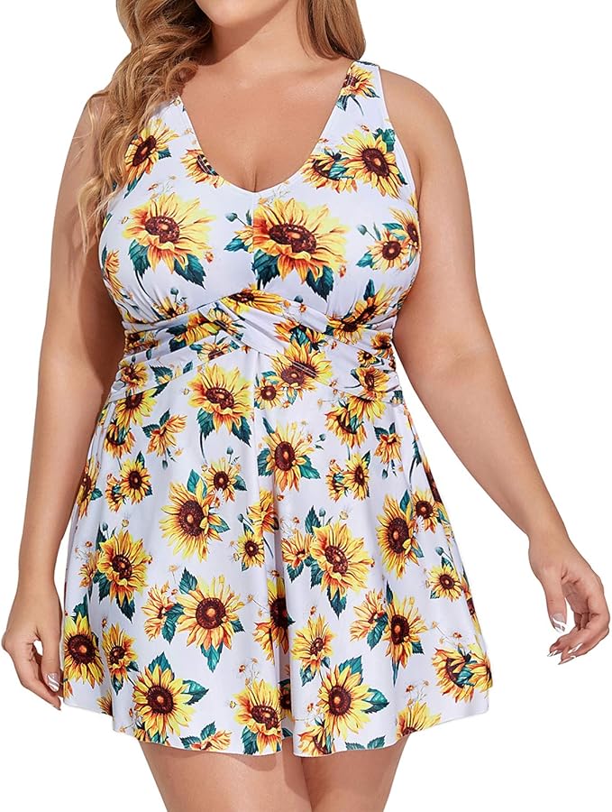 Holipick Sunflower Plus Size One Piece Swimsuits for Women Twist Front