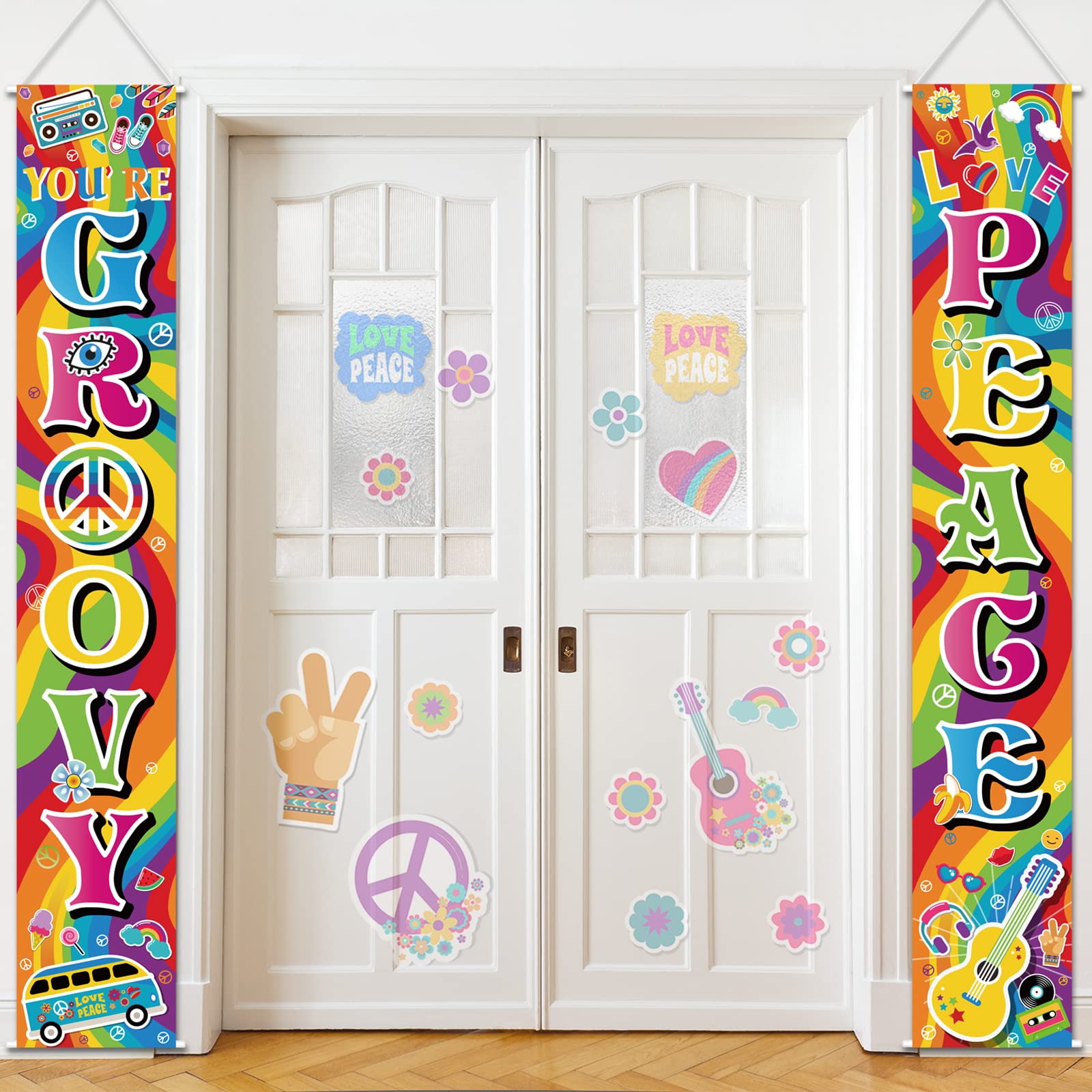 Blulu 60's Party Scene Setters Hippie Wall Decoration, 60s Porch Sign Groovy Party Door Sign for 1980s Theme Rock Star Birthday Decoration Rainbow Backdrop Photo Props