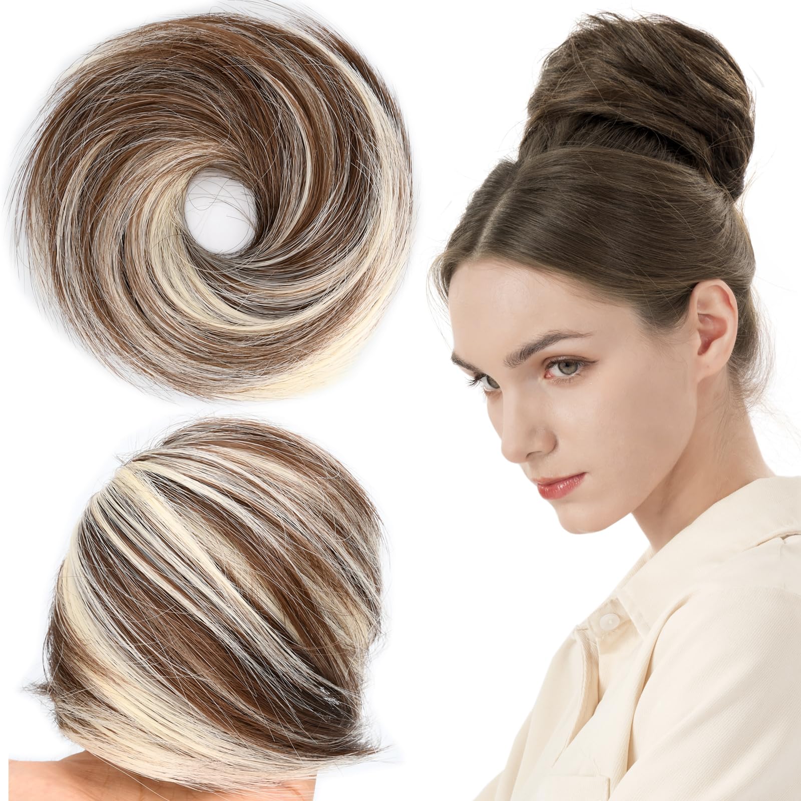 BOBIYA Messy Buns Hair Pieces Hair Scrunchies for Women Synthetic Ponytail Bun Extensions (Highlighted Brown) — image 1