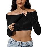 ZeroBound Built in Shelf Bra Off Shoulder Tops - Long Sleeve Off Shoulder Crop Shirts for Women, Basic Going Out Tops