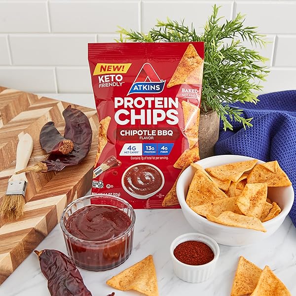 ATKINS CHIPOTLE BBQ PROTEIN CHIPS, 4G NET CARBS, 13G PROTEIN, GLUTEN FREE, LOW GLYCEMIC, KETO FRIENDLY, 12 COUNT