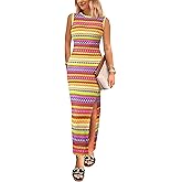 PRETTYGARDEN Womens Maxi Tank Spring Dress Sleeveless Crew Neck Striped Side Slit Casual Long Bodycon Dresses