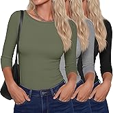 Ficerd 3 Pack Women's 3/4 Sleeve Boat Neck T Shirts Slim Fit Tight Basics Top Casual Comfy Tops