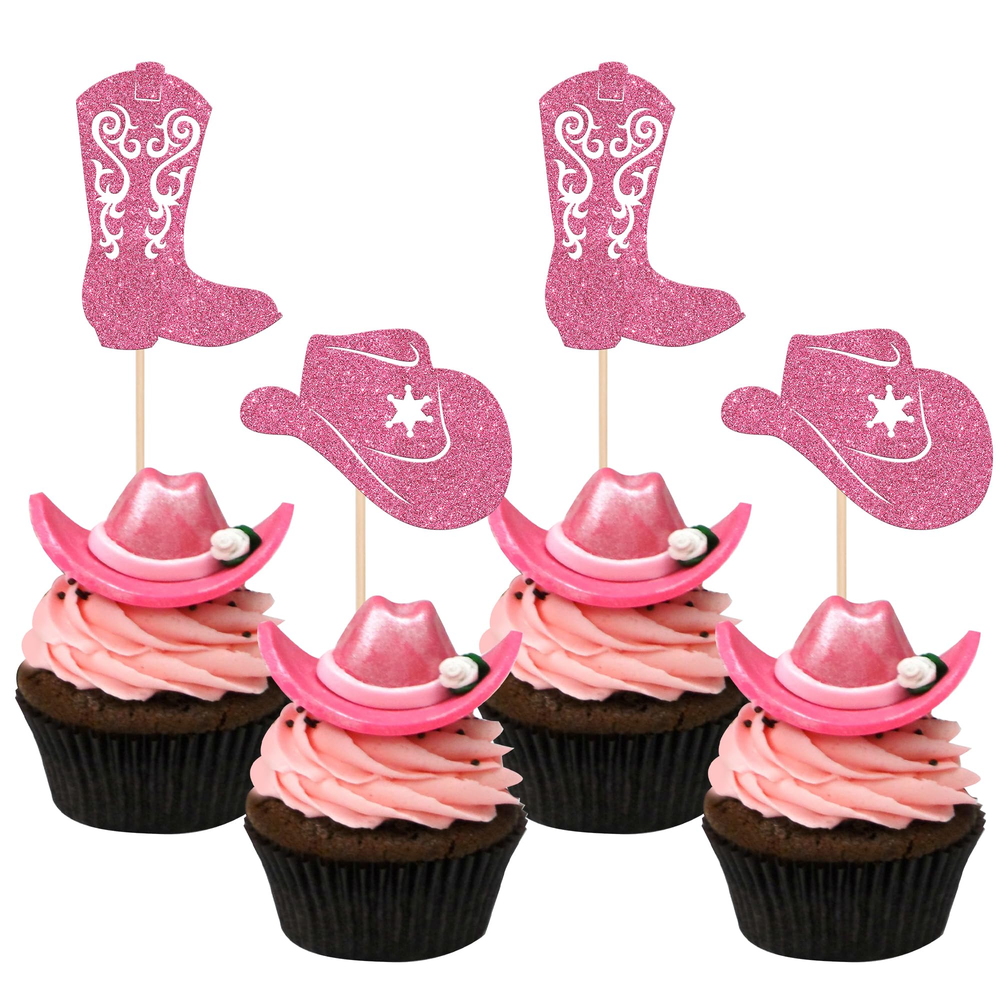 24 PCS Cowboy Cupcake Toppers Glitter Cowboy Hats Boots Cupcake Picks Cowboy Party Cupcake Decorations for Western Theme Baby Shower Boys Birthday Party Cake Decorations Supplies Pink