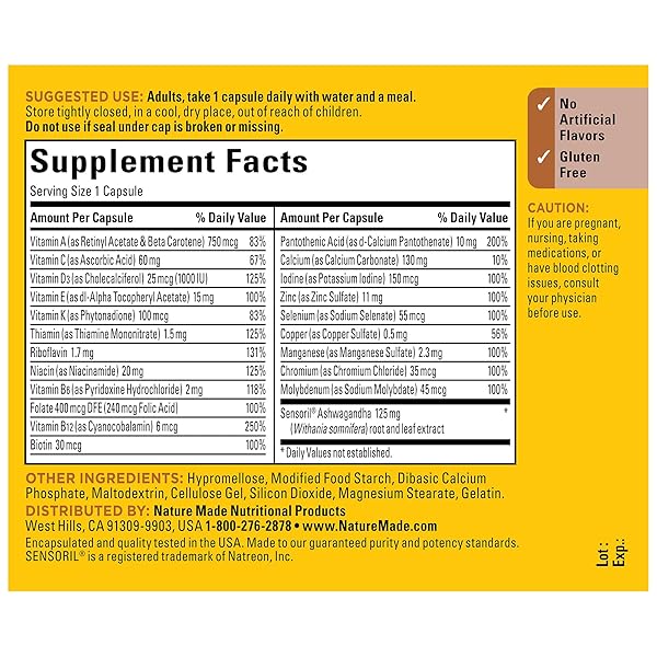 NATURE MADE MULTI + ASHWAGANDHA, MULTIVITAMIN FOR DAILY STRESS RELIEF SUPPORT, ONE PER DAY MULTIVITAMIN, 60 CAPSULES