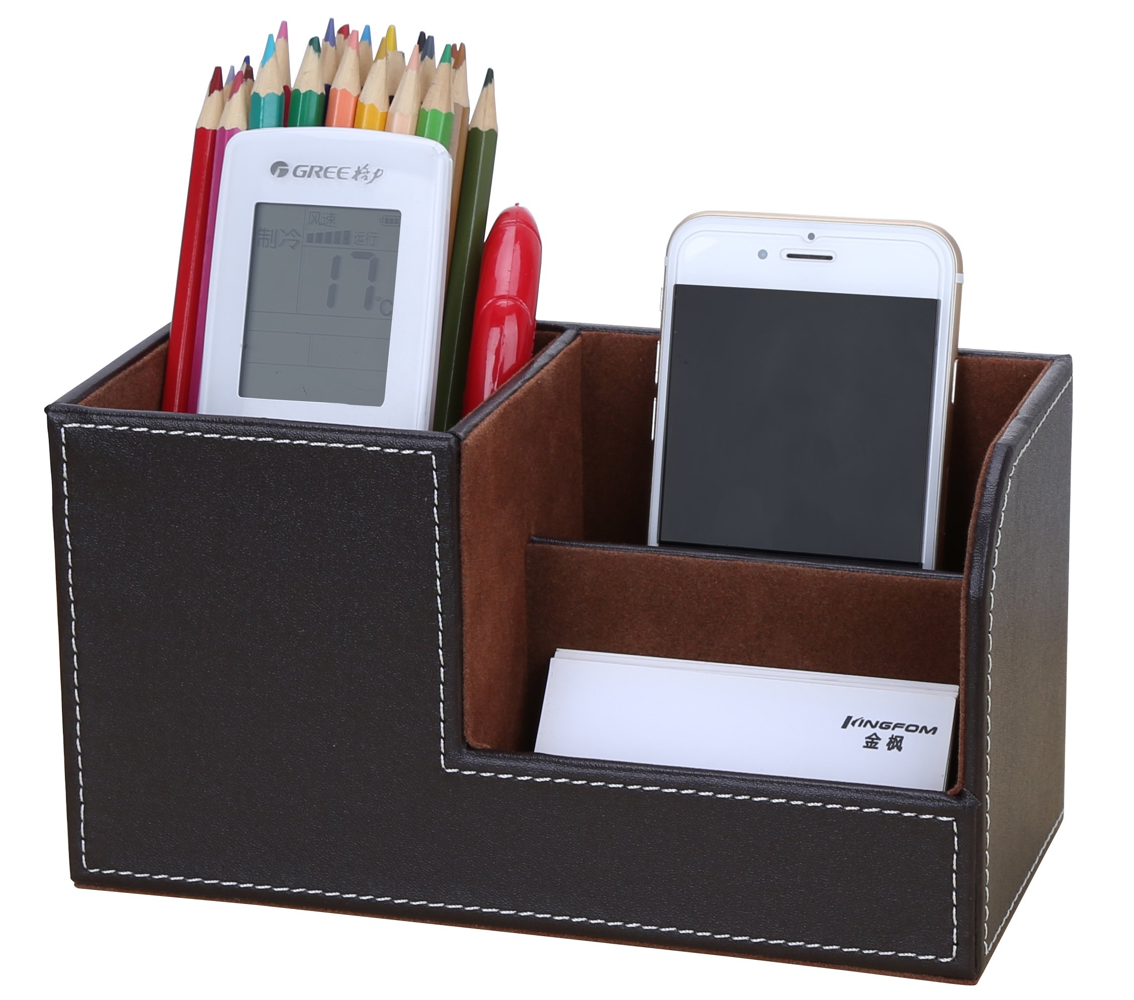 KINGFOM Leather Desk Tidy Organiser Caddy Multifunction Pen Pencil Pots Holder Office Desk Stationery Supplies Organiser