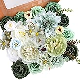 Kisflower Green Artificial Flowers Combo Cake Flowers Decorations Fake Hydrangea Dahlia Silk Roses Gift Box for DIY Wedding Bridal Bouquet Centerpieces Arrangements Party Holiday Decor (Forest Green)