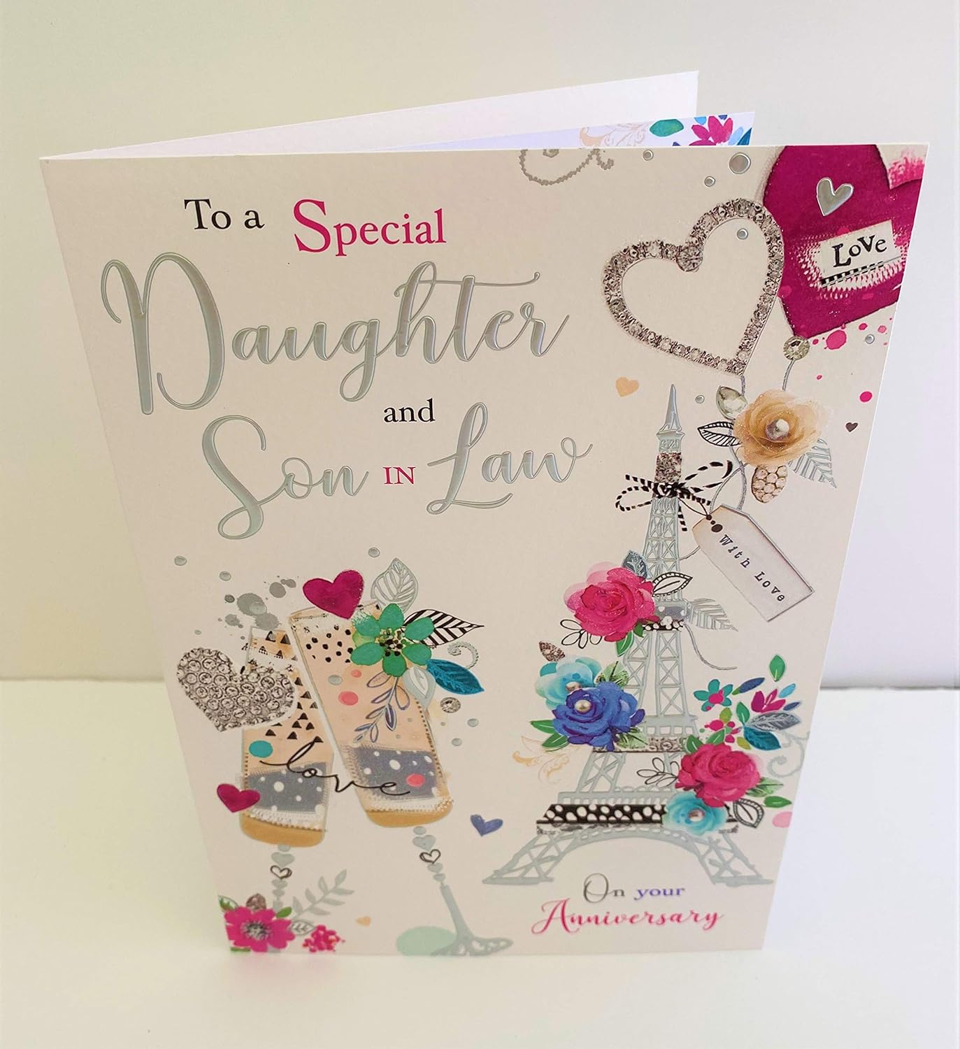 Jonny Javelin Special Daughter and Son in Law Anniversary Card, Champagne Flutes Eiffel Tower Flowers, white|beige|black|red - Image 4
