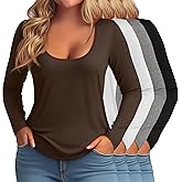 Evervibe 4 Pack Women's Plus Size Long Sleeve T-Shirts Scoop Neck Basic Tees Tops Casual Slim Fit Base Layer Undershirts