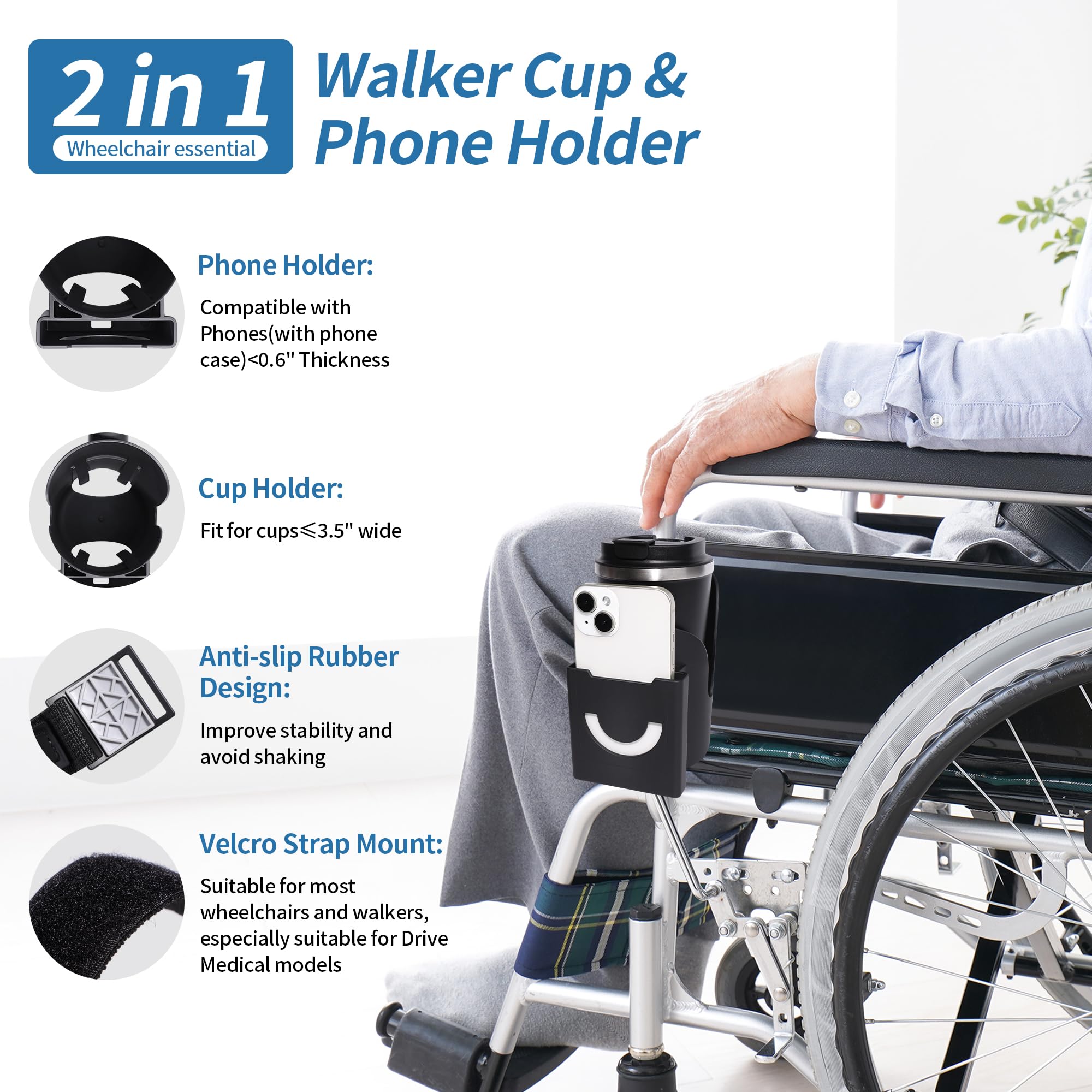 Joxodak Wheelchair Cup Holder 2 in 1 Strap-on Walker Cup and Phone Holder Compatible with Drive Medical Nitro Rollator Walkers Cup Holder for Wheelchair, Walker, Rollator, Camper