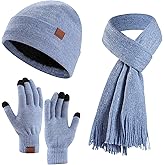 Women's Winter Beanie Hat Scarf Gloves Set, Warm Fleece Interior Knit Hat with Long Scarf Touchscreen Gloves 3 in 1 Set
