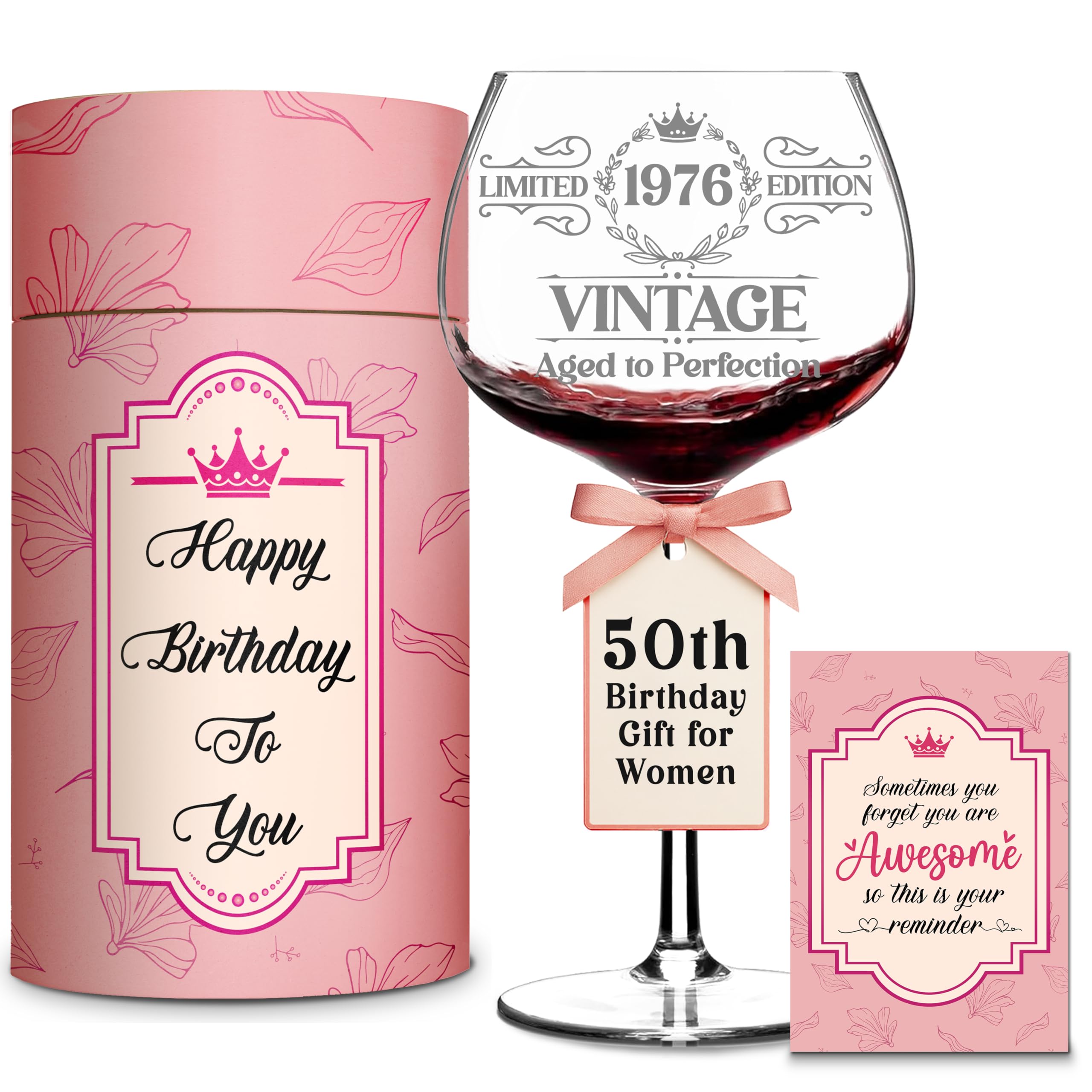 Photo 1 of Vintage Engraved Wine Glass - 50th Birthday Gifts For Her - Cool Gifts For 50 Year Old Woman - Birthday Present - Fifty Women Gift Ideas - Turning 50 Cup for Wife, Sister, Daughter, Ladies