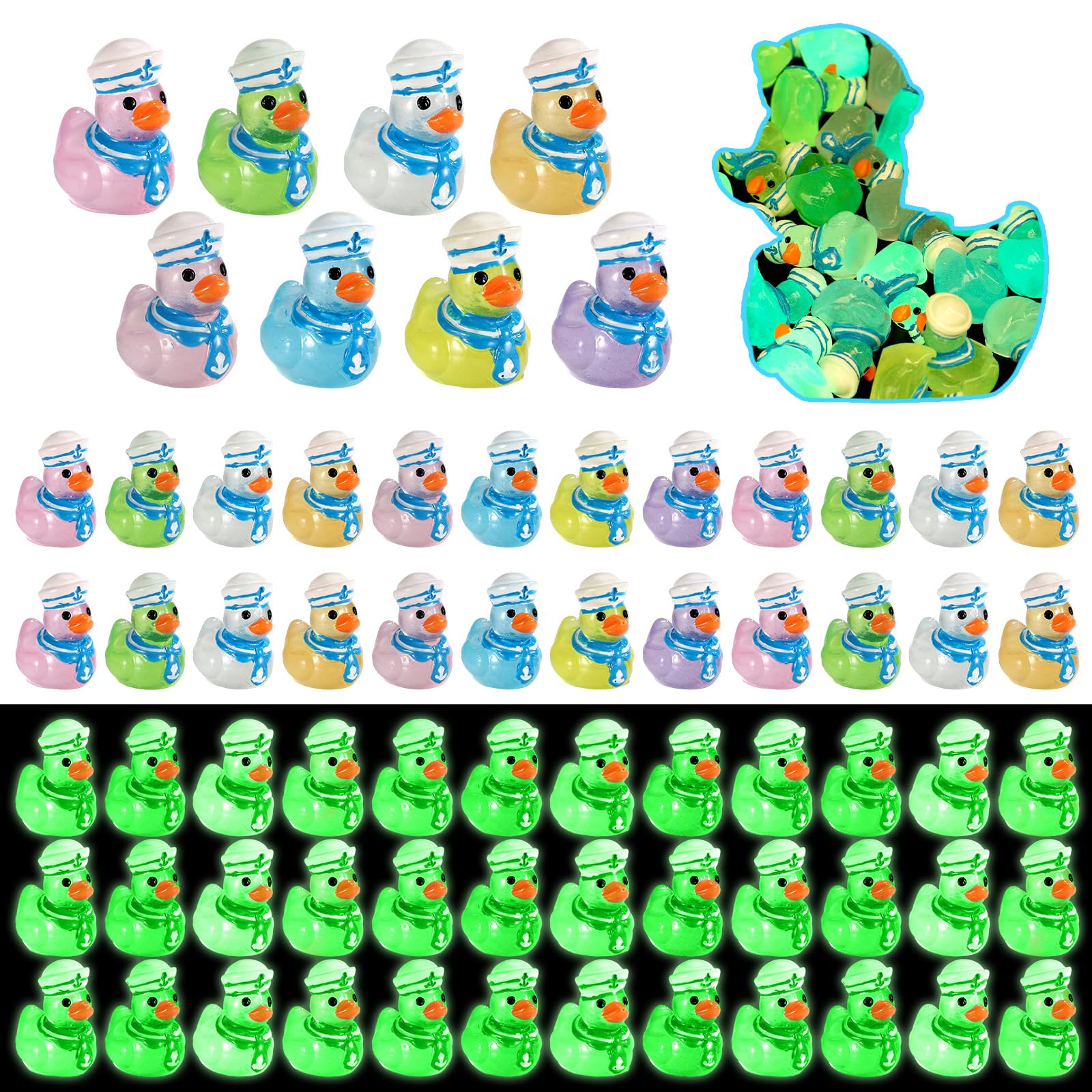 80pcs Mini Cruise Ducks Figure, Little Resin Luminous Miniature Cruise Ducks Doll Funny Small Tiny Resin Figurines Toys Gifts Suitable for Office Desk Home Micro Landscape Garden Decor Decorations