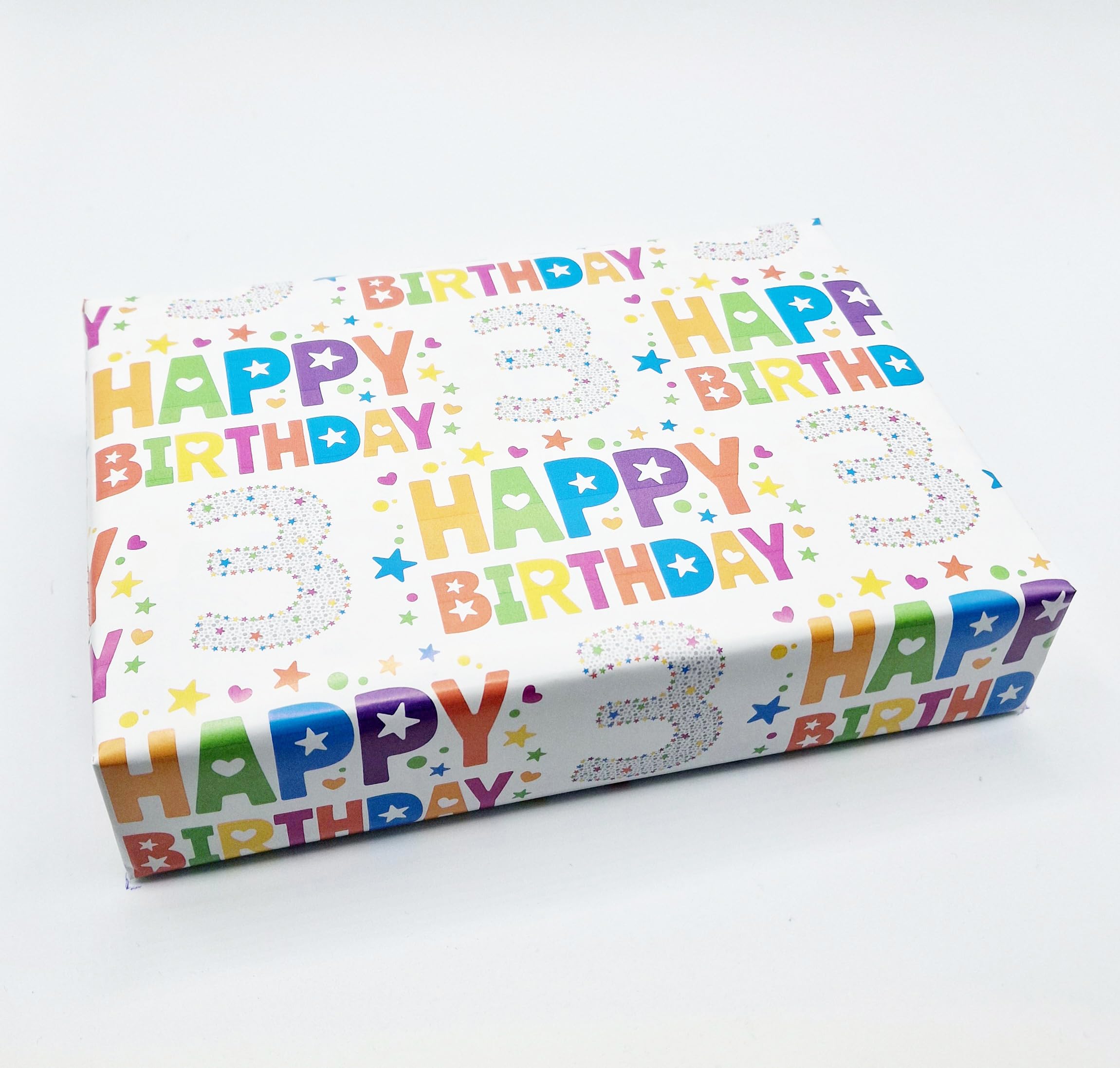4 Sheets 4 Tags 3rd Birthday Boy Girl Unisex Multi Coloured Wrapping Paper Age 3 Cute Fun Attractive Birthday Giftwrap Male Female (PA)