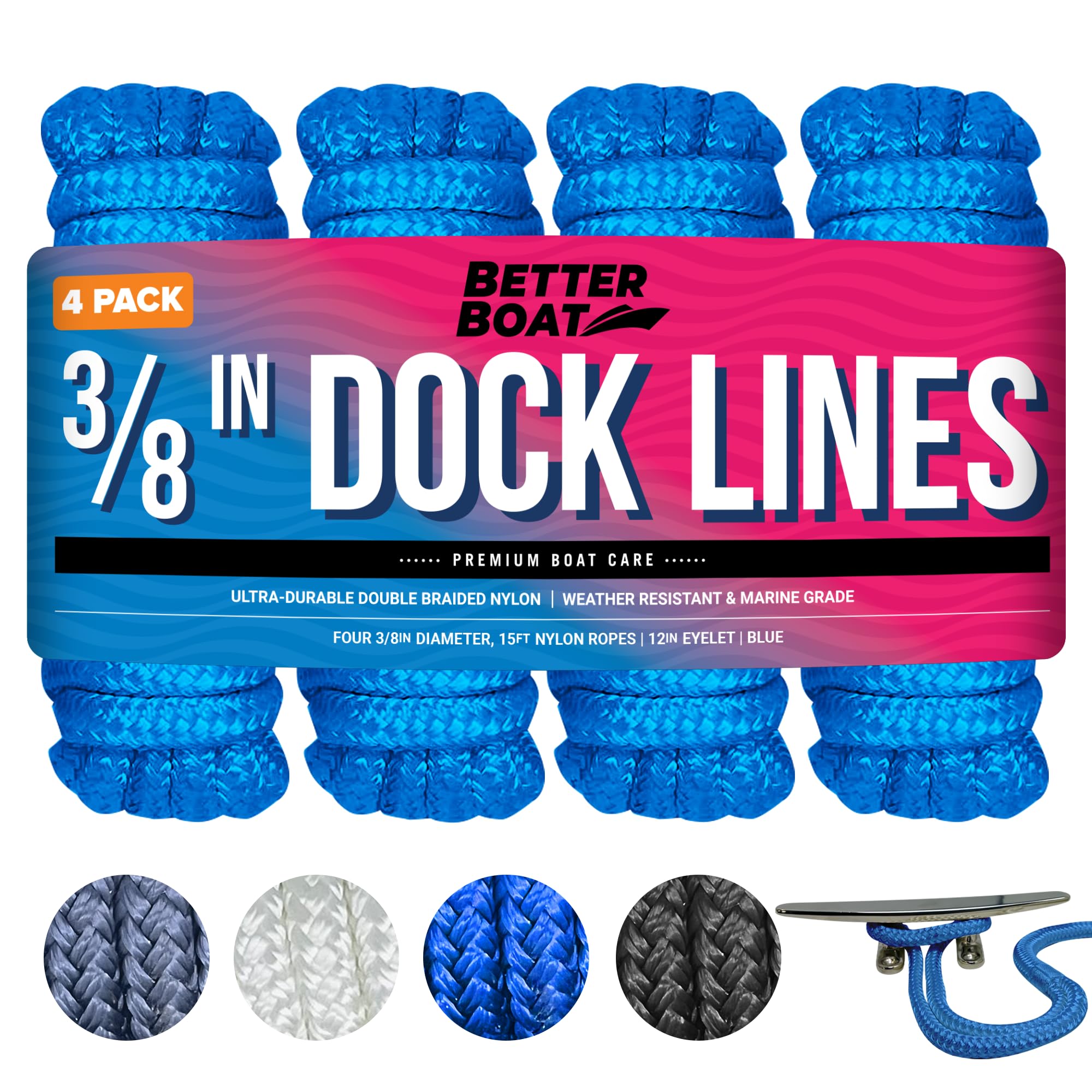 Dock Lines Boat Ropes for Docking, 3/8" Double Braided Mooring Marine Rope, 15ft Nylon Rope with Loop, Blue, 4 Pack